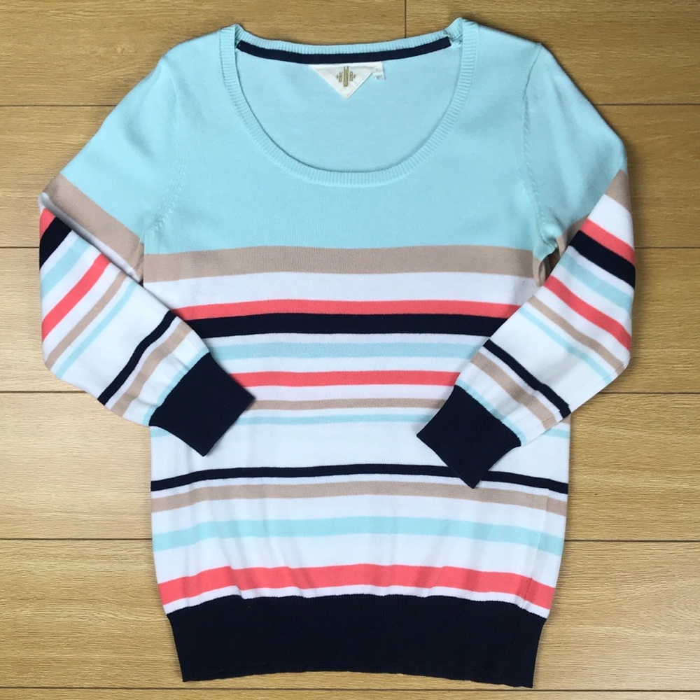 HWR striped scoop neck aqua blue sweater top
